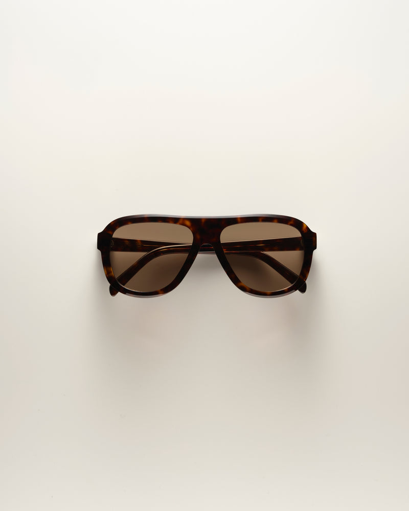 A pair of oversized square sunglasses with a dark brown and black tortoiseshell acetate frame and brown tinted lenses, photographed from directly above on a clean white background.