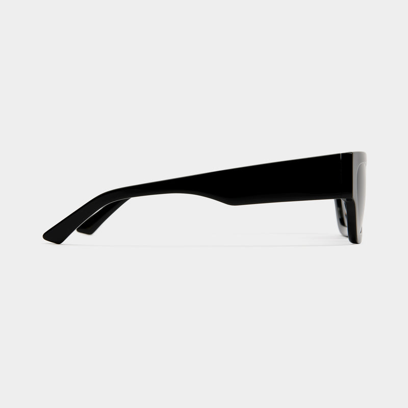 side image showing the arm of vehla eyewear finn sunglasses in black / smoke